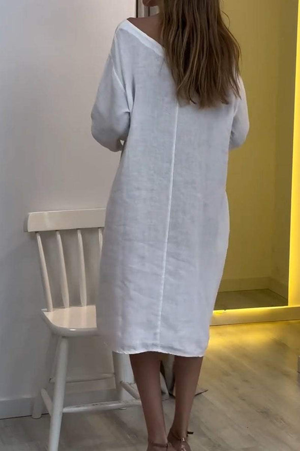 Women's Casual Solid Color Cotton Linen Long Sleeve Dress