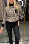 Woman Heart Pocket Leopard Print Knit Top