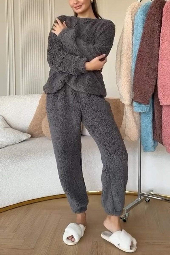 Women's Casual Round Neck Lamb Wool Two Piece Suit