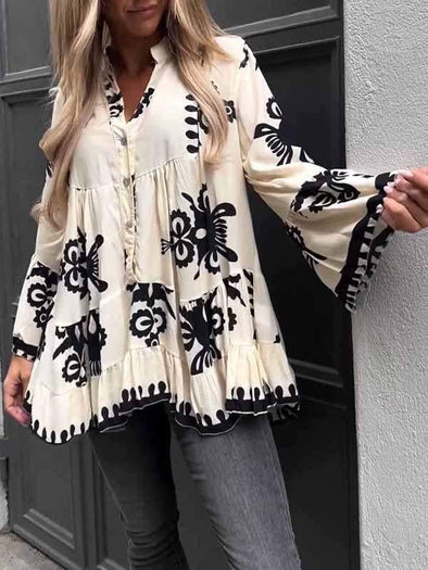 Women's V-neck Printed Trumpet Sleeve Top