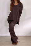 Women's casual solid color V-neck top and trousers knitted suit