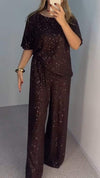 Women's Sequined Mid-sleeve Top + Trousers Casual Suit