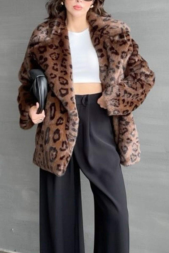 Women's Casual Lapel Leopard Print Fur Coat