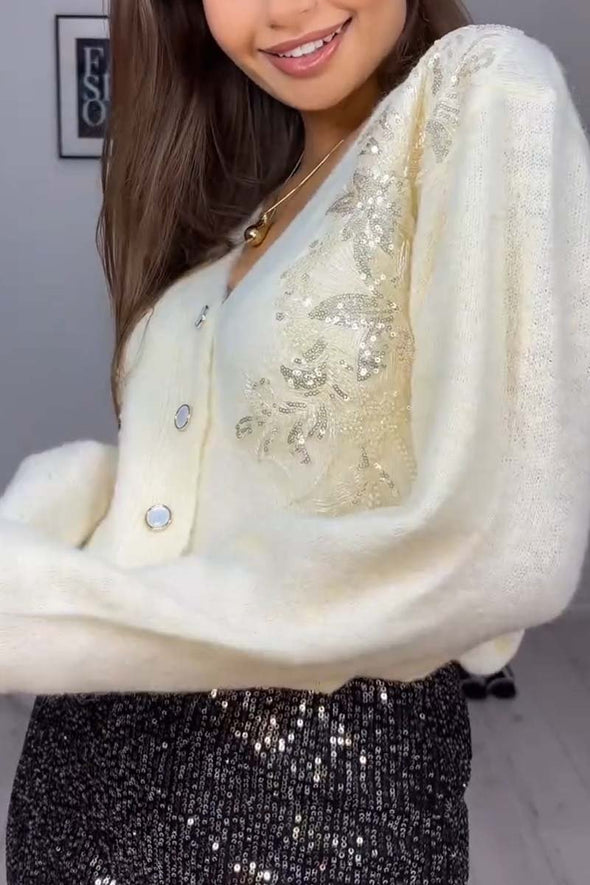 Women's V Neck Solid Sequin Cardigan