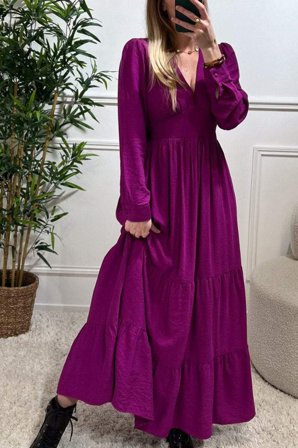 Women's Casual Solid V-Neck Long Sleeve Dress