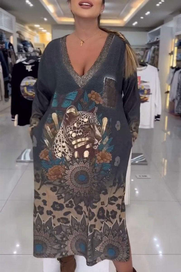 Women's V-neck Long-sleeved Printed Dress