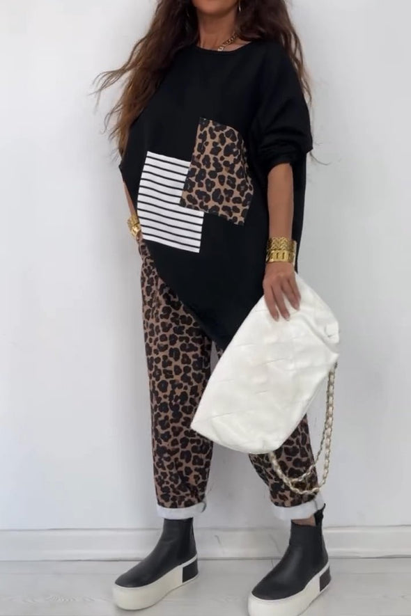 Women's leopard print crew neck casual suit