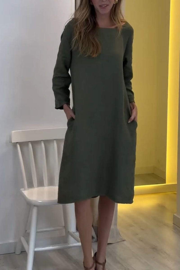 Women's Casual Solid Color Cotton Linen Long Sleeve Dress