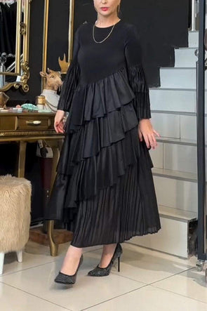 Women's Casual Round-neck Long-sleeved Pleated Dress