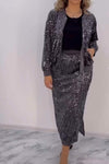 Women's Casual Round Neck Sequined Cardigan And Skirt Suit