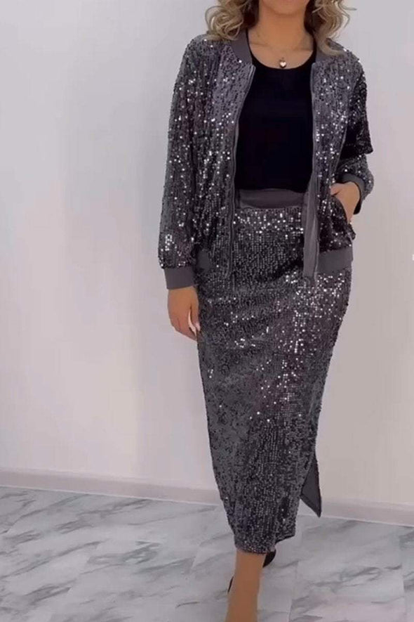 Women's Casual Round Neck Sequined Cardigan And Skirt Suit