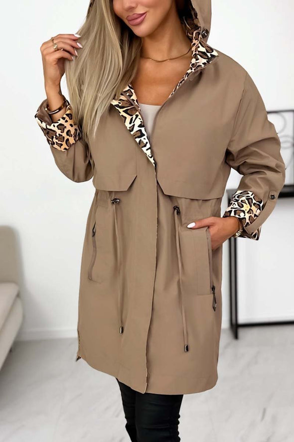 Women's casual leopard print patchwork hooded mid-length windbreaker