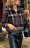 Women's casual woolen loose plaid zipper jacket