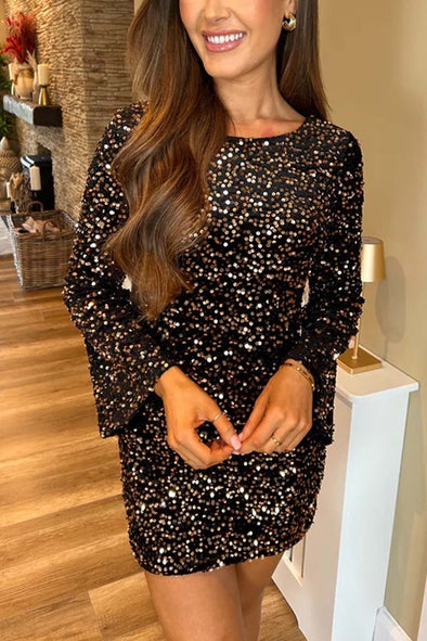 Women's Fashionable Sequin Bell Sleeve Dress