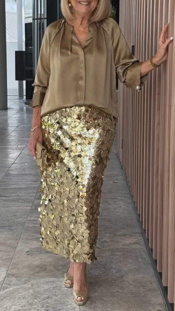 Women's Long-sleeved Shirt and Sequined Skirt Two-piece Set