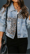 Ladies leopard print fashion print patchwork ripped denim top casual jacket