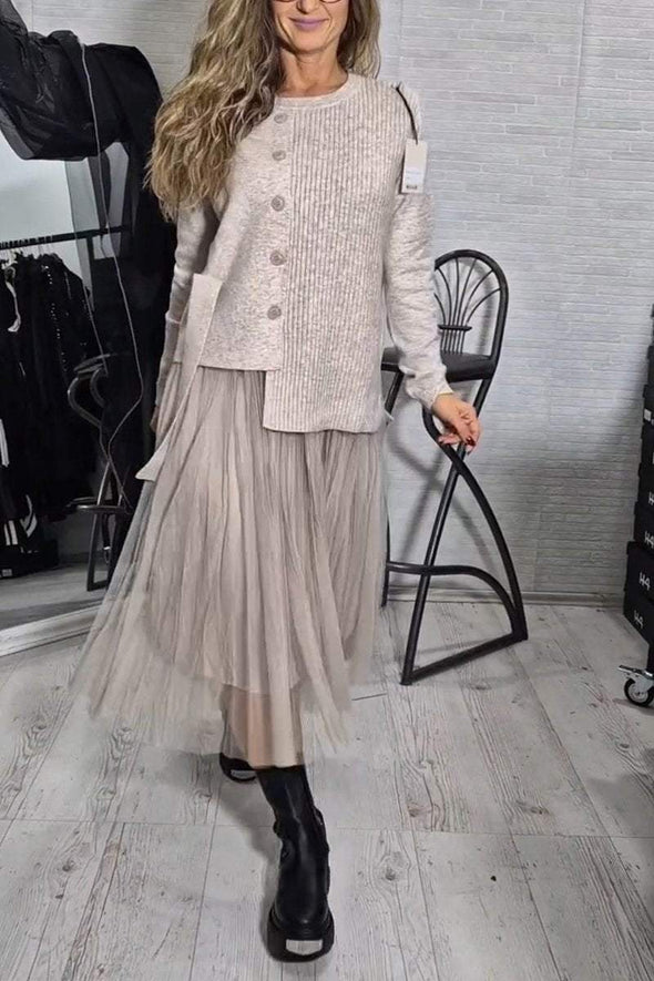 Women's Round Neck Sweater + Pleated Dress Two-piece Set