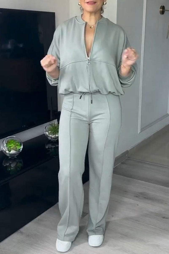 Women's Solid Color V-neck Top and Trousers Set