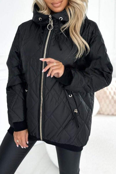 Women's Hooded Zipper Side Button Design Casual Coat