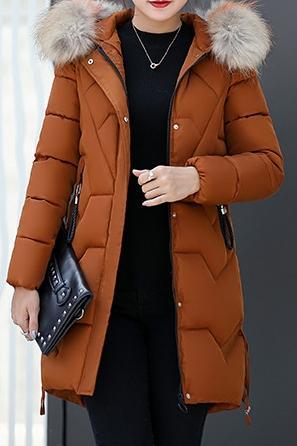 Women's Solid Color Thickened Mid-length Large Fur Collar Slim-fitting Cotton Coat