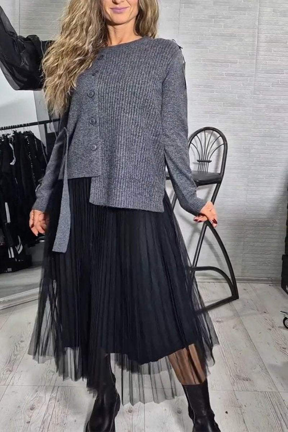 Women's Round Neck Sweater + Pleated Dress Two-piece Set