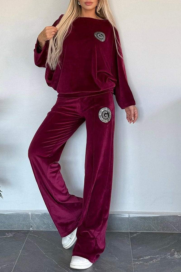 Women's One-shoulder Long-sleeved Velvet Casual Suit