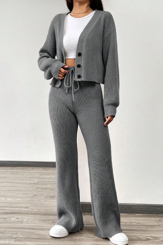 Women's Casual Solid Color Knitted Cardigan Suit