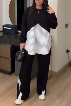 Women's casual striped patchwork pants suit