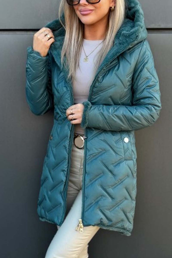 Women's casual diamond texture hooded mid-length cotton coat