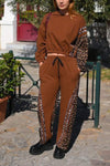 Women's Casual Round Neck Leopard Printed Pullover Two Piece Suit