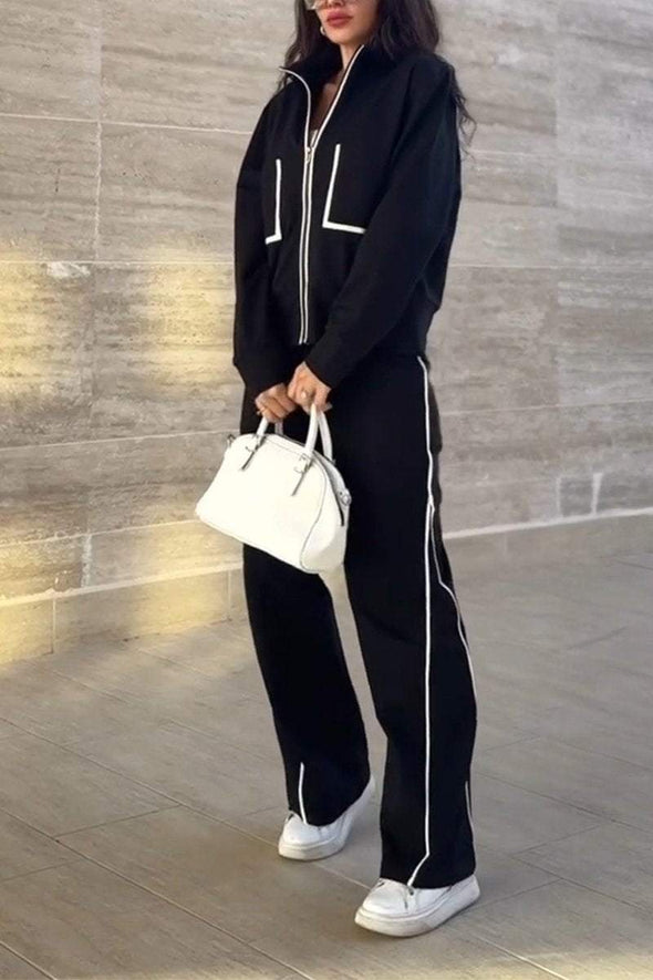 Women's Lapel Long Sleeve Zipper Two Piece Suit