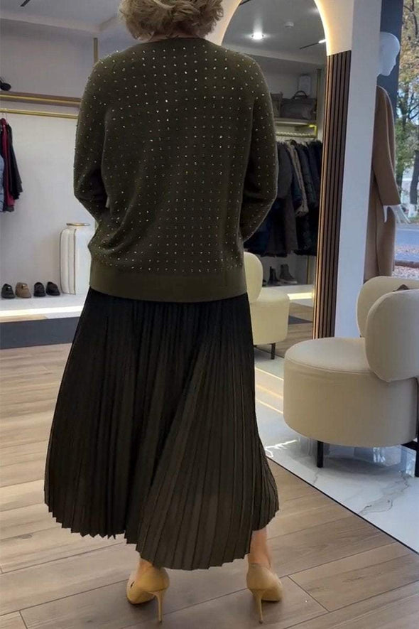 Women's Casual Round-neck Shiny Sweater + Pleated Skirt Set