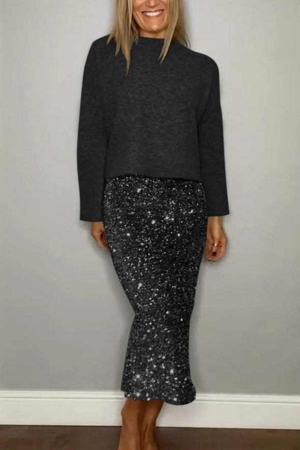 Women's Casual Sweater Top Sequin Skirt Two-Piece Set