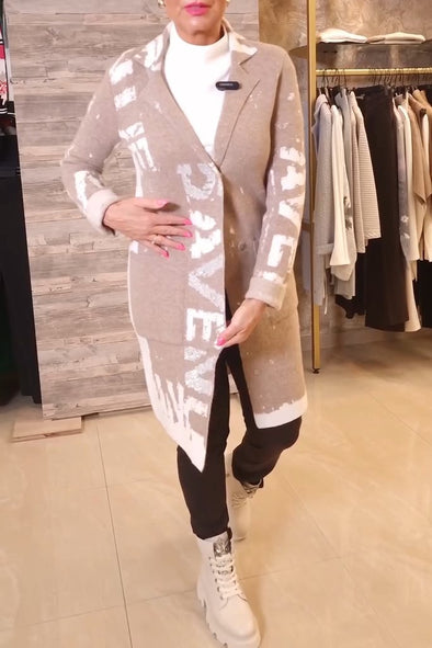 Women's Solid Color Lapel Letter Printed Knitted Cardigan Jacket