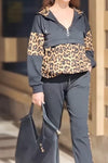 Women's casual leopard print patchwork hooded sweatshirt set