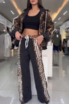 Women's Leopard Print Long Sleeve Hoodies Two Piece Set