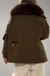 Women's Casual Solid Color Waist Drawstring Large Fur Collar Jacket