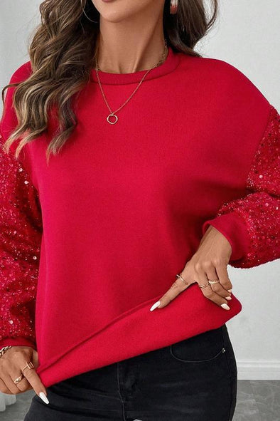 Ladies Casual Sleeve Sequin Patchwork Sweatshirt