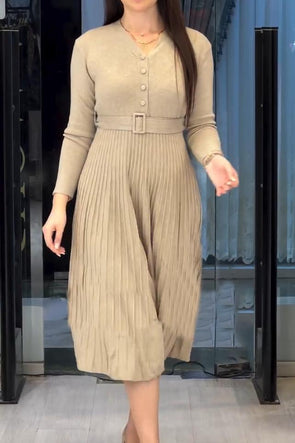 Women's casual high-waisted V-neck knit dress