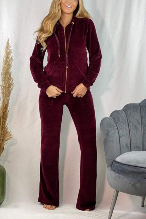 Women's Casual Hooded Velvet Two-piece Suit