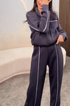 Women's simple casual stripe zipper sweatshirt set