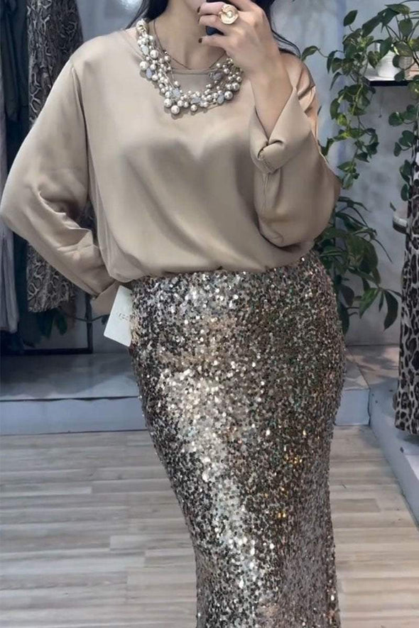 Women's Round Neck Long Sleeve Sequined Skirt Two Piece Suit