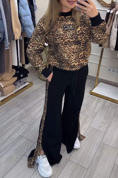 Women's Leopard Print Round Neck Long Sleeve Sweatshirt Two Piece Set