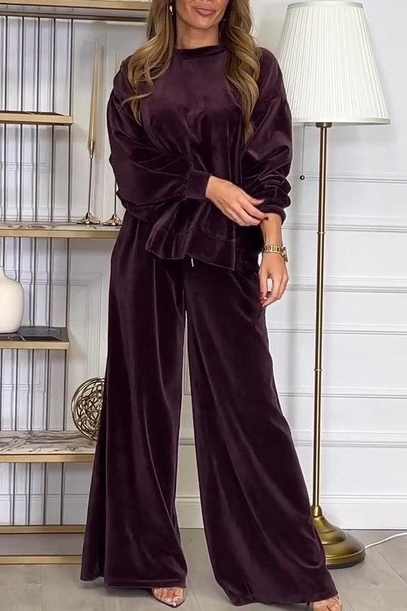 Women's Casual Solid Color Velvet Round Neck Slit Hem Suit