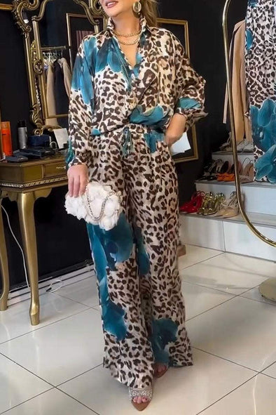 Women's V-neck Long-sleeved Leopard Print Two-piece Suit