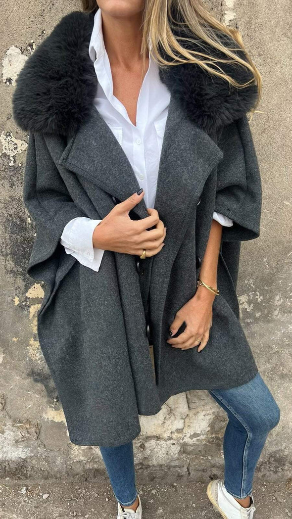 Women's Autumn and Winter Fur Collar Cape Coat with Long Sleeves and Large Lapel