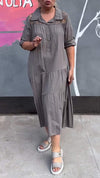 Women's Lapel Mid-length Sleeve Casual Cotton and Linen Dress