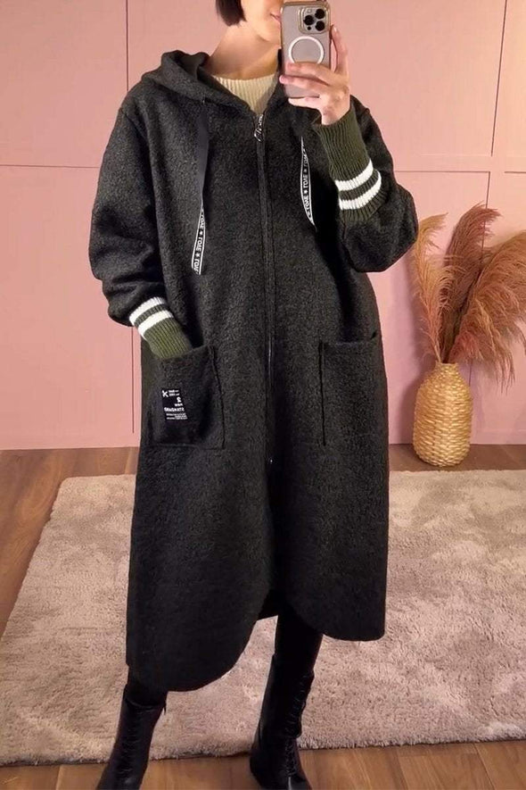 Women's Casual Hooded Zip-up Woolen Coat