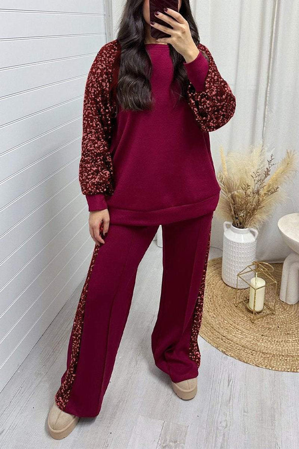 Women's Round Neck Shiny Sweatshirt Two Piece Set