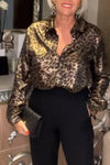 Women's Holiday Party Metallic Leopard Print Long Sleeve Shirt